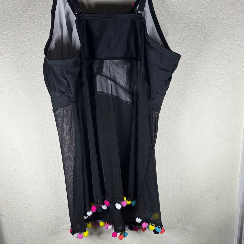 Black Mesh Tankini Tunic with Multicolor Pom-Poms - Picture 4 of 5